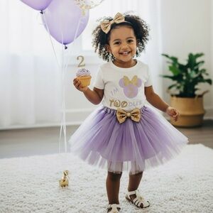 Disney Inspired 2nd Birthday Tule Skirt, Tee, & Sparkle Hair Bow I'm TWODLES